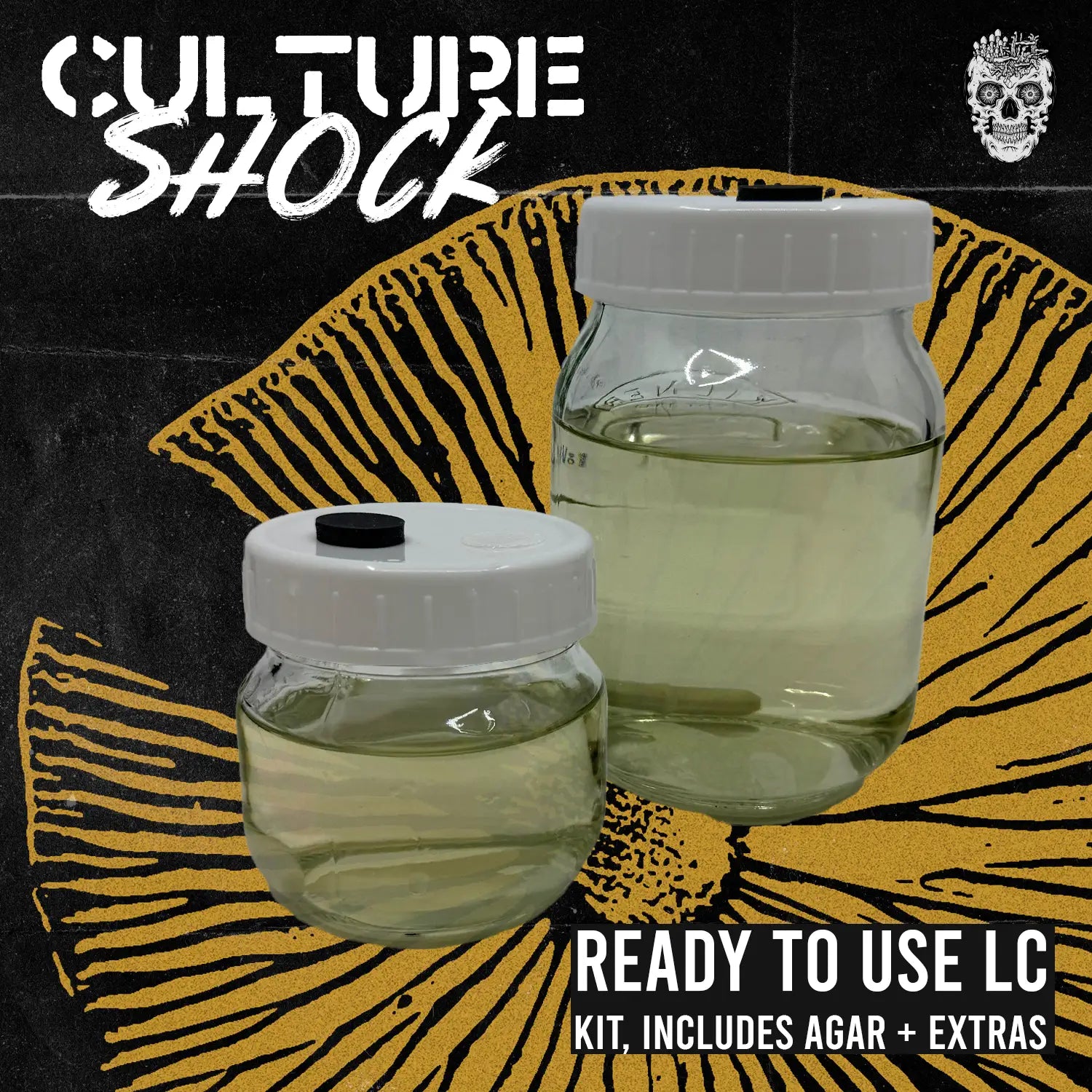 MycoPunks Culture Shock jars in both sizes, with white lids on black background with spore print motif. Text reads "Culture Shock" and "Ready To Use LC Kit, includes agar and extras"