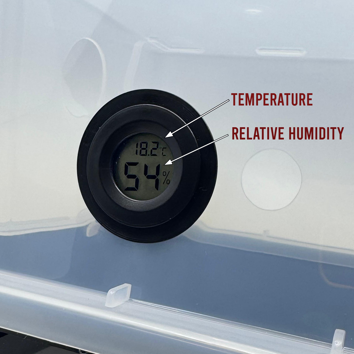 Digital thermometer with temperature and relative humidity display installed in monotub