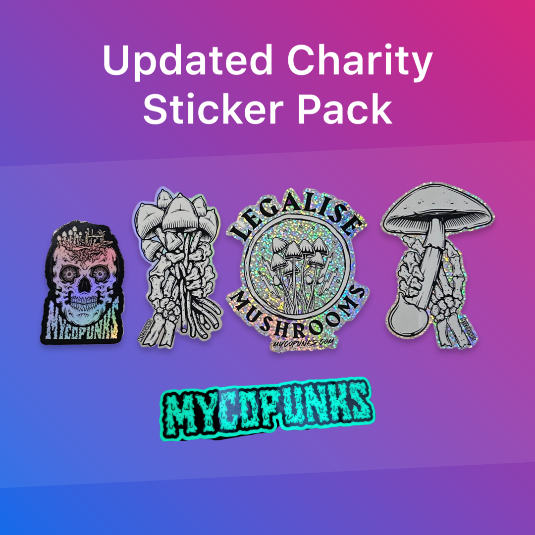 Five MycoPunks charity stickers on purple to blue gradient background